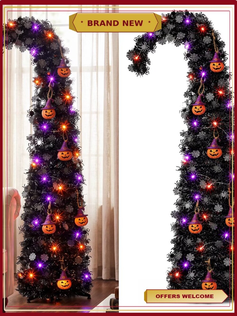 5ft Pop Up Halloween Tree with Spider Web Decor, Collapsible PVC